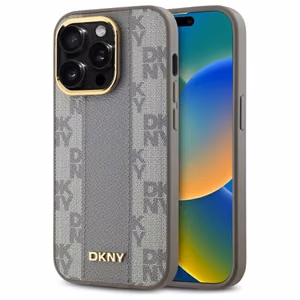 DKNY Ādas rūtainais mono raksts Magnētiskais viedtālruņa apvalks iPhone 14 Pro - bēša