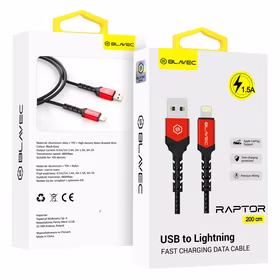 Blavec kabelis Raptor pīts - USB uz Lightning - 1,5A 2 metri Apple CarPlay (CRA-UL15BR20) melns-sarkans