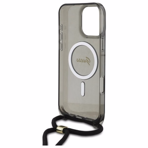 Guess Crossbody Cord Script Magnētiskais viedtālruņa apvalks iPhone 16 Pro Max - melns
