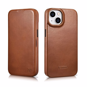 iCarer CE Oil Wax Premium ādas folio viedtālruņa apvalks iPhone 14 Plus Magnētiskais atveramais apvalks ar MagSafe Brūns (AKI14220707-BN)
