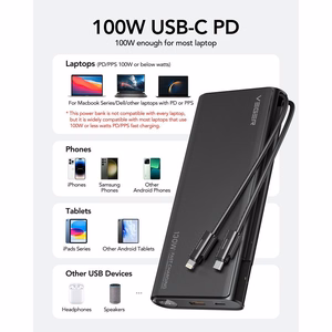 Внешний аккумулятор Veger TCE130 (W2503) PD 130W 25000 mAh со встроенными кабелями Type C / Lightning чёрный