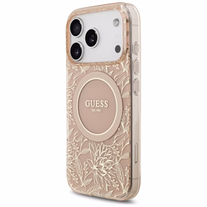 Guess IML Flowers Electro Pearl Strap MagSafe apvalks viedtālrunim iPhone 17 Pro - rozā