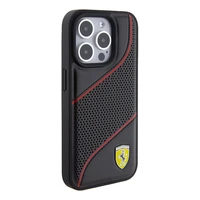 Ferrari Perforated Waves Metal Logo viedtālruņa apvalks iPhone 15 Pro - melns