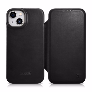 iCarer CE Oil Wax Premium ādas folio viedtālruņa apvalks iPhone 14 Plus Magnētiskais atveramais apvalks ar MagSafe Melns (AKI14220707-BK)