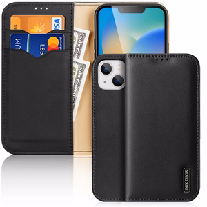 Dux Ducis Hivo ādas atveramais apvalks no dabīgās ādas ar karšu un dokumentu maciņu iPhone 14 Plus, melns