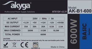 Akyga AK-B1-600 barošanas bloks 600 W 20+4 pin ATX ATX pelēks