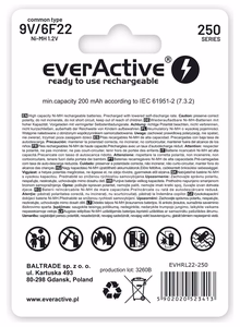 Rechargeable batteries everActive Ni-MH 6F22 9V 250 mAh sudraba Line
