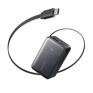 Anker Nano A1638H11 – 10000 mAh 45 W ārējais akumulators ar ievelkamu USB-C kabeli, melns