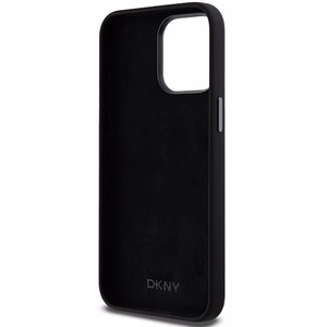DKNY šķidrā silikona metāla logotipa viedtālruņa apvalks iPhone 15 Pro - melns