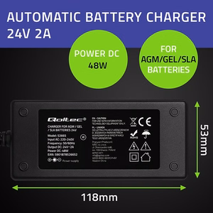 Qoltec 52665 automātiskais lādētājs AGM GEL STD akumulatoriem | 24V lādētājs | 2A | 48W | LED | 1,8m kabelis
