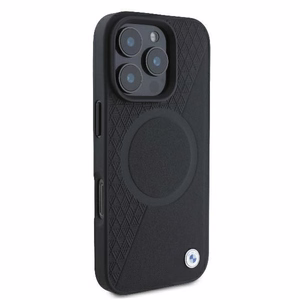 BMW Signature Ādas Pus Teksturēts & Apļa MagSafe Apvalks iPhone 16 Pro - Melns