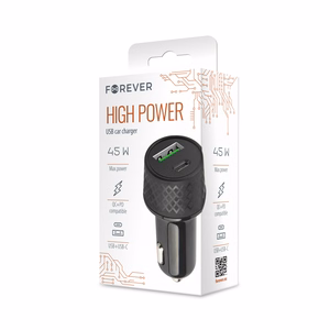 Forever automašīnas lādētājs 1xUSB 2,4A + 1xUSB-C PD 45W LA-04 melns