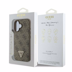 Guess Ādas 4G Trīsstūra Strass Magnētiskais iPhone 16 viedtālruņa apvalks - brūna