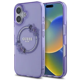 Guess IML Ziedu Vainags Magnētiskais viedtālruņa apvalks iPhone 16 - violeta