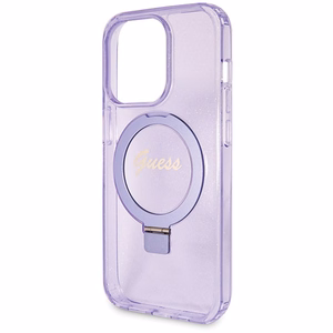 Guess Magnētiskā viedtālruņa apvalks ar gredzena statīvu Script Glitter MagSafe iPhone 13 Pro Max - violeta