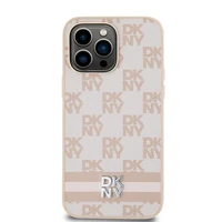 DKNY Ādas rūtainais mono raksts un drukātās svītras viedtālruņa apvalks iPhone 14 Pro Max - rozā