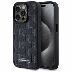 Karl Lagerfeld Ādas monogramma Metāla logotips Magnētiskais viedtālruņa apvalks iPhone 15 Pro - melns