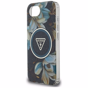 Guess IML Metal Glitter Flowers Triangle magnētiskais viedtālruņa apvalks iPhone 16e - melns
