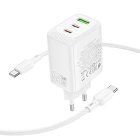 Borofone sienas lādētājs BN32 Cargador GaN - USB + 2xType C - QC 3.0 PD 65W ar Type C uz Type C balts