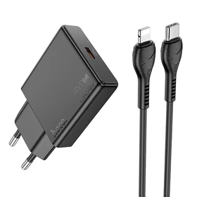 Lādētājs viedtālrunim Hoco Slim USB C QC PD 30W + kabelis USB C uz Lightning N37 melns
