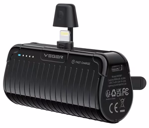 Внешний аккумулятор Veger PlugOn (W0558P) PD QC3.0 2,4A 20W 5000 mAh со встроенным коннектором Lightning чёрный