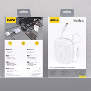 Dudao K32 22.5W 10000 mAh павербанк со встроенным кабелем USB-C / Lightning - белый