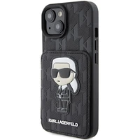 Karl Lagerfeld Saffiano Cardslots and Stand Monogram Ikonik Patch Viedtālruņa apvalks iPhone 15 - melns