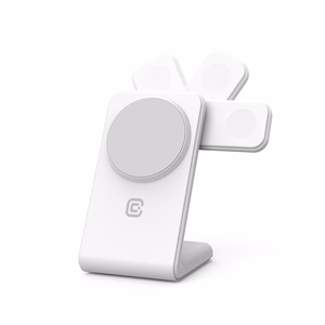 Crong MagSpot Pivot Stand 3 vienā bezvadu lādētājs iPhone, Apple Watch un AirPods ierīcēm, saderīgs ar MagSafe, balts