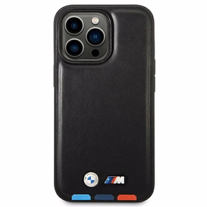 BMW BMHMP14X22PTDK iPhone 14 Pro Max 6.7 - melns ādas vāciņš ar trīskrāsainu zīmējumu MagSafe
