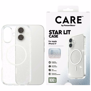 CARE by PanzerGlass Flagship Urban Explorer viedtālruņa apvalks ar baltu magnētisko MagSafe, paredzēts iPhone 17 – caurspīdīgs ar spīdumiem