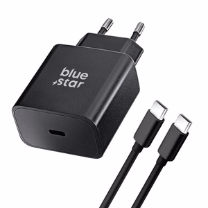 BLUE STAR ceļojumu lādētājs Type C + kabelis Type C uz Type C PD QC4.0 3A 25W TFB-TC-25WPD melns