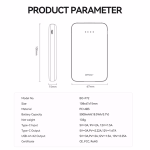 BWOO portatīvais lādētājs P72 QC 22.5W PD 20W 5000 mAh ar 2 x USB-A un 1 x USB-C pieslēgvietām, melns