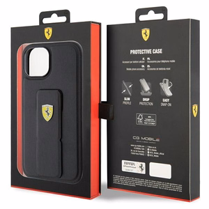 Ferrari Grip Stand Metal Logo apvalks iPhone 15 – melns