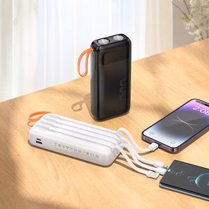 Portatīvais lādētājs Hoco 20000 mAh 2A ar iebūvētiem kabeļiem USB A + USB C + Lightning + Micro USB un dubultu gaismu J151A melns
