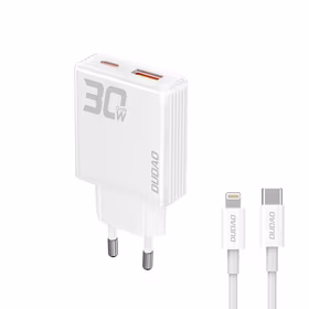 GaN Dudao A30EUL 30W USB-A / USB-C sienas lādētājs + USB-C - Lightning kabelis - balts