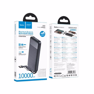 Portatīvais lādētājs Hoco 10000 mAh 2A ar četriem iebūvētiem kabeļiem USB A + USB C + Lightning + Micro USB J163 melns