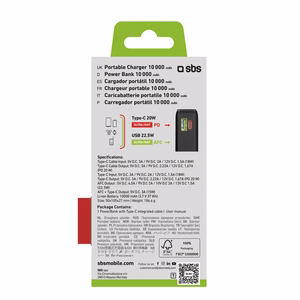 Внешний аккумулятор SBS 10000 mAh 20W со встроенным кабелем USB-C и цифровым дисплеем - чёрный