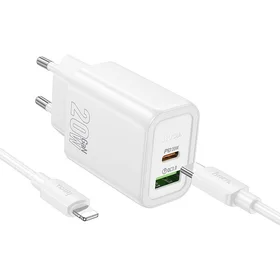 Lādētājs Hoco USB-A + USB-C QC3.0 PD 3A 20W + kabelis USB-C uz Lightning N61 balts
