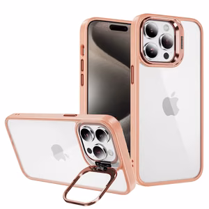 Tel Protect Kickstand Case + camera lens glass for iPhone 15 Plus light pink