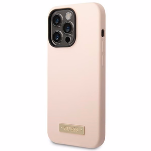 Guess Silicone Logo Plate MagSafe maciņš iPhone 14 Pro, rozā