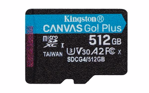 Kingston Atmiņas karte 512GB microSDXC Canvas Go Plus Gen4 200MB/s A2 U3 V30 + adapteris
