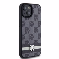 DKNY ādas rūtainais mono raksts un drukātas svītras viedtālruņa apvalks iPhone 15/14/13 - melns