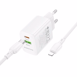 Borofone Lādētājs BN29 USB + Type C - QC 3.0 PD 30W ar Type C uz Lightning kabeli balts