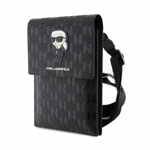 Karl Lagerfeld Saffiano Monogram Ikonik plecu soma viedtālrunim, melna