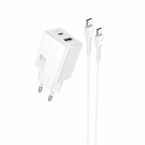 Lādētājs Hoco N71 30W GaN USB-C/USB-A + USB-C uz USB-C kabelis 1.0m, balts