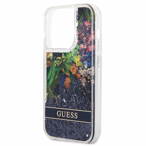 Guess GUHCP14LLFLSB iPhone 14 Pro 6.1 zils / zils kietais viedtālruņa apvalks Flower Liquid Glitter