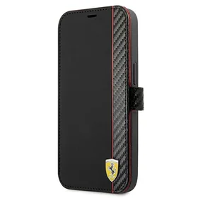 Ferrari FESAXFLBKP13SBK iPhone 13 mini 5.4" melns/melns grāmatas tipa apvalks On Track Carbon Stripe