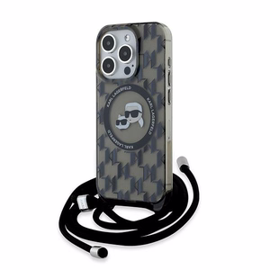 Karl Lagerfeld IML Crossbody Monogram Karl & Choupette Head Magnētiskais viedtālruņa apvalks iPhone 15 Pro - melns