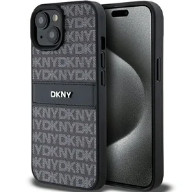 DKNY Ādas mono svītra un metāla logotips viedtālruņa apvalks iPhone 15 Plus / 14 Plus - melns