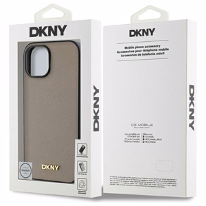 DKNY Grained Metal Logo Magnētiskais iPhone 15 viedtālruņa apvalks - bēšs